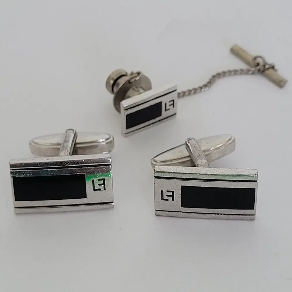 Louis Feraud LF Tie Pin Clip Cufflinks Set Silver Black Tone Designer Rectangle